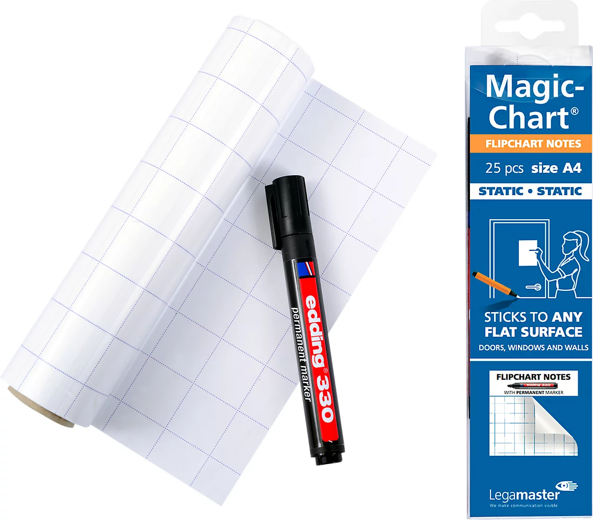 Magic Charts Legamaster, para rotafolios, cuadriculado, autoadhesivo y rotulable, incl. rotulador permanente, L 300 x A 200 mm, 100 % reciclable, polipropileno, blanco, 25 hojas
