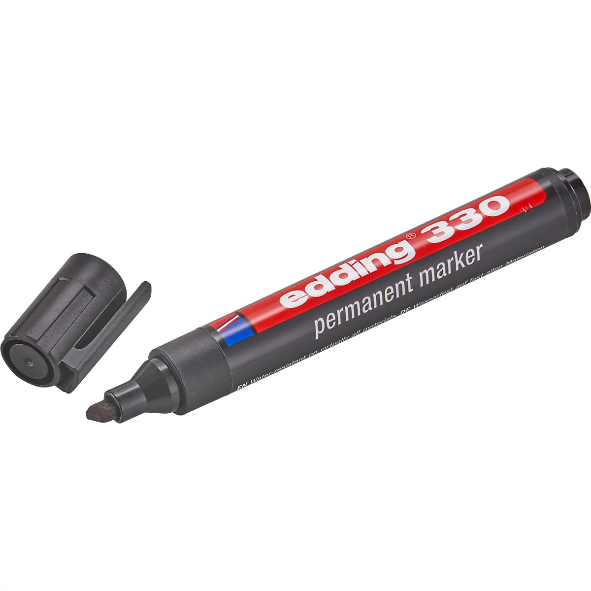 Un marcador permanente Edding negro con la tapa al lado. Raya roja con texto blanco: "edding 330 permanent marker".