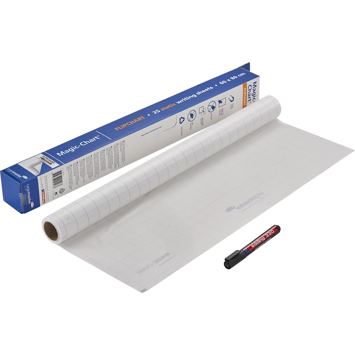 Un rouleau de papier pour tableau de conférence avec une boîte en carton, à côté un stylo noir avec une écriture rouge.