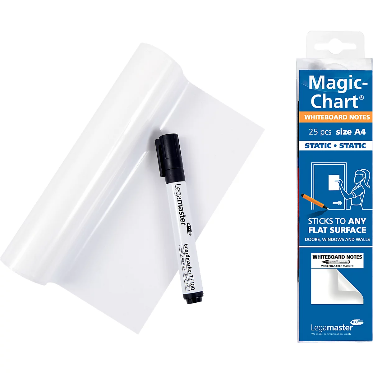 Magic Charts Legamaster, pour tableaux blancs, vierges, autocollants &amp; inscriptibles, marqueur pour tableau inclus, L 200 x l 300 mm, 100 % recyclable, polypropylène, blanc, 25 feuilles