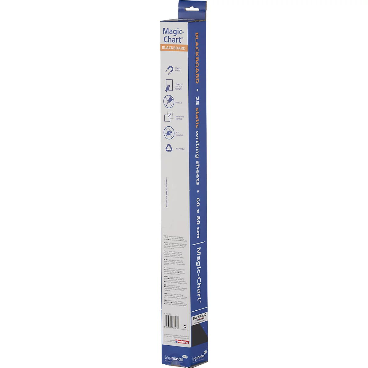 Magic Charts Legamaster, pour tableaux noirs, vierges, autocollants &amp; inscriptibles, marqueur craie inclus, L 600 x H 800 mm, 100 % recyclable, polypropylène, noir mat, 25 feuilles