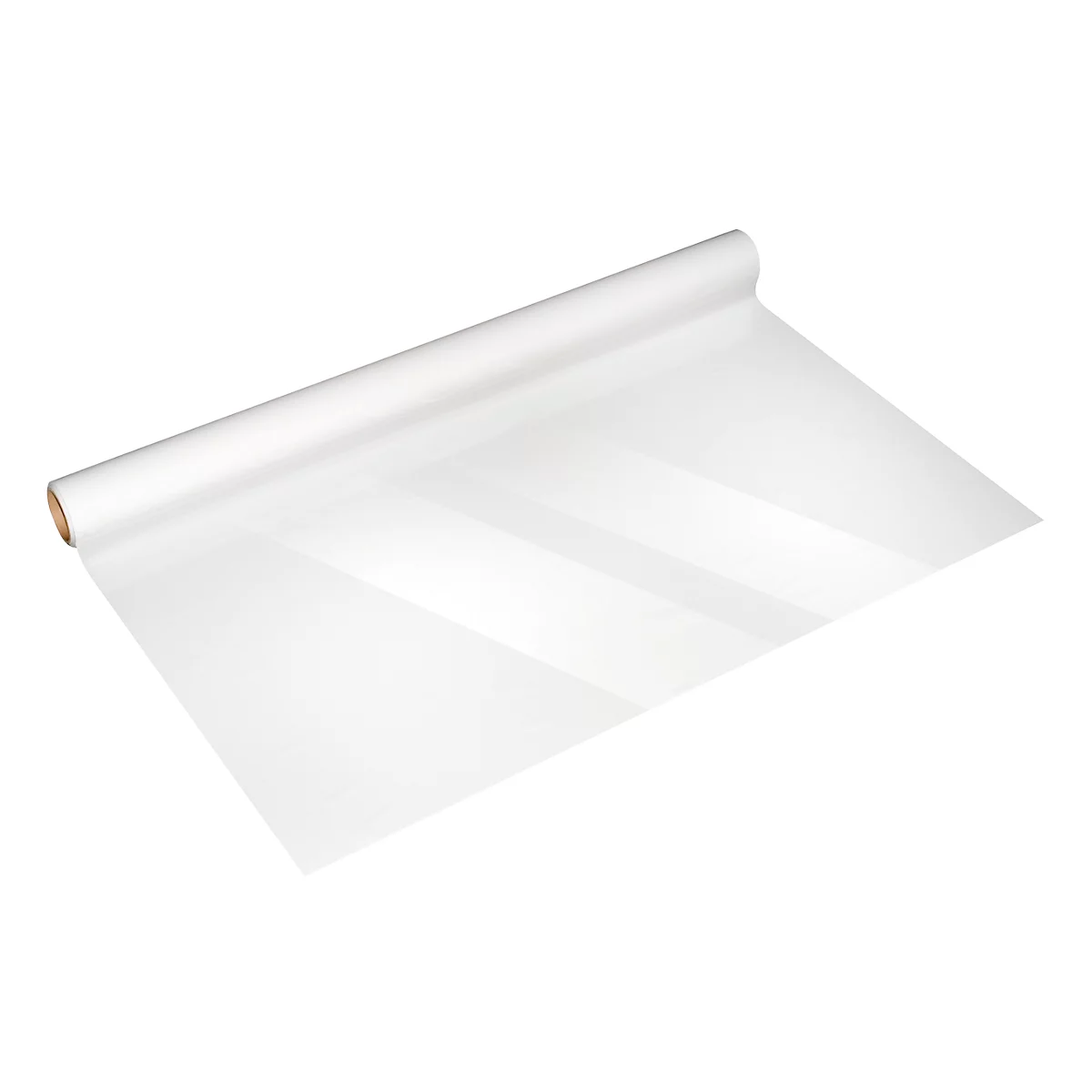 Eine Rolle transparentes Papier, das zum Teil abgerollt ist und Streifen aufweist.