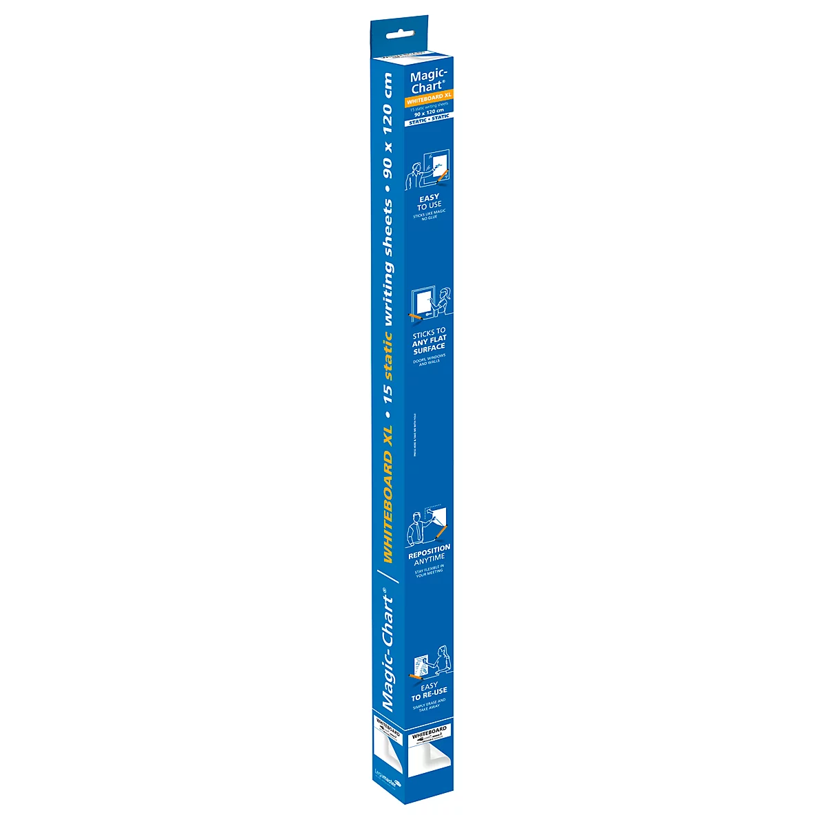 Blaue Whiteboard-Rolle mit Schriftzug "Magic-Chart WHITEBOARD XL". Abmessungen: 90 x 120 cm. Enthält 15 statische Schreibbögen.