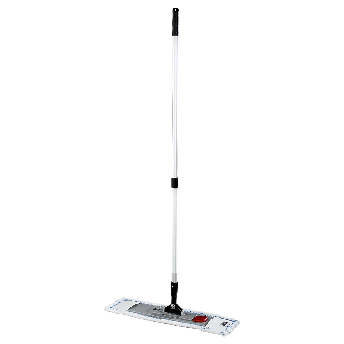 A white floor mop with a silver handle and black handle end.