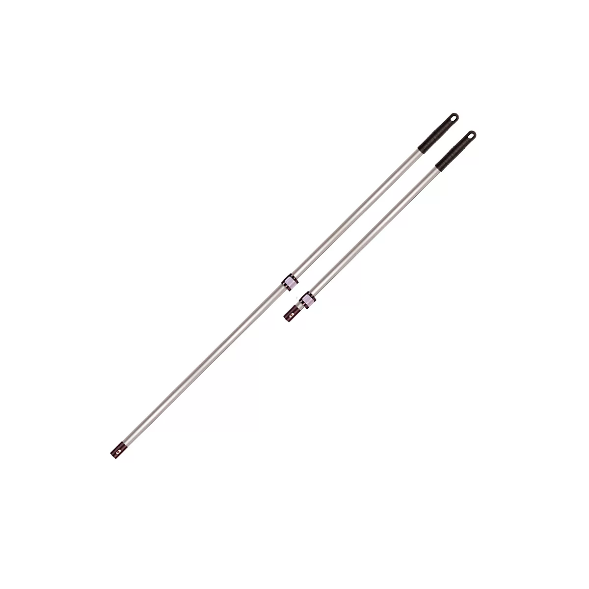 Two silver telescopic poles, suitable for various cleaning tasks. Black handles and purple connectors.