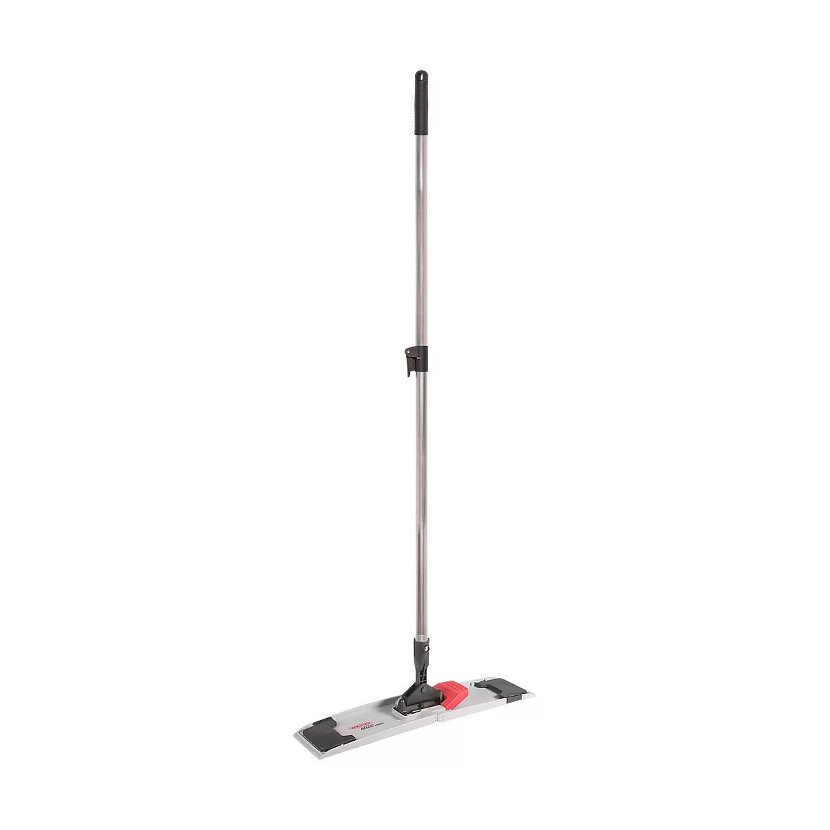 A gray mop with a red element and black handle against a white background.