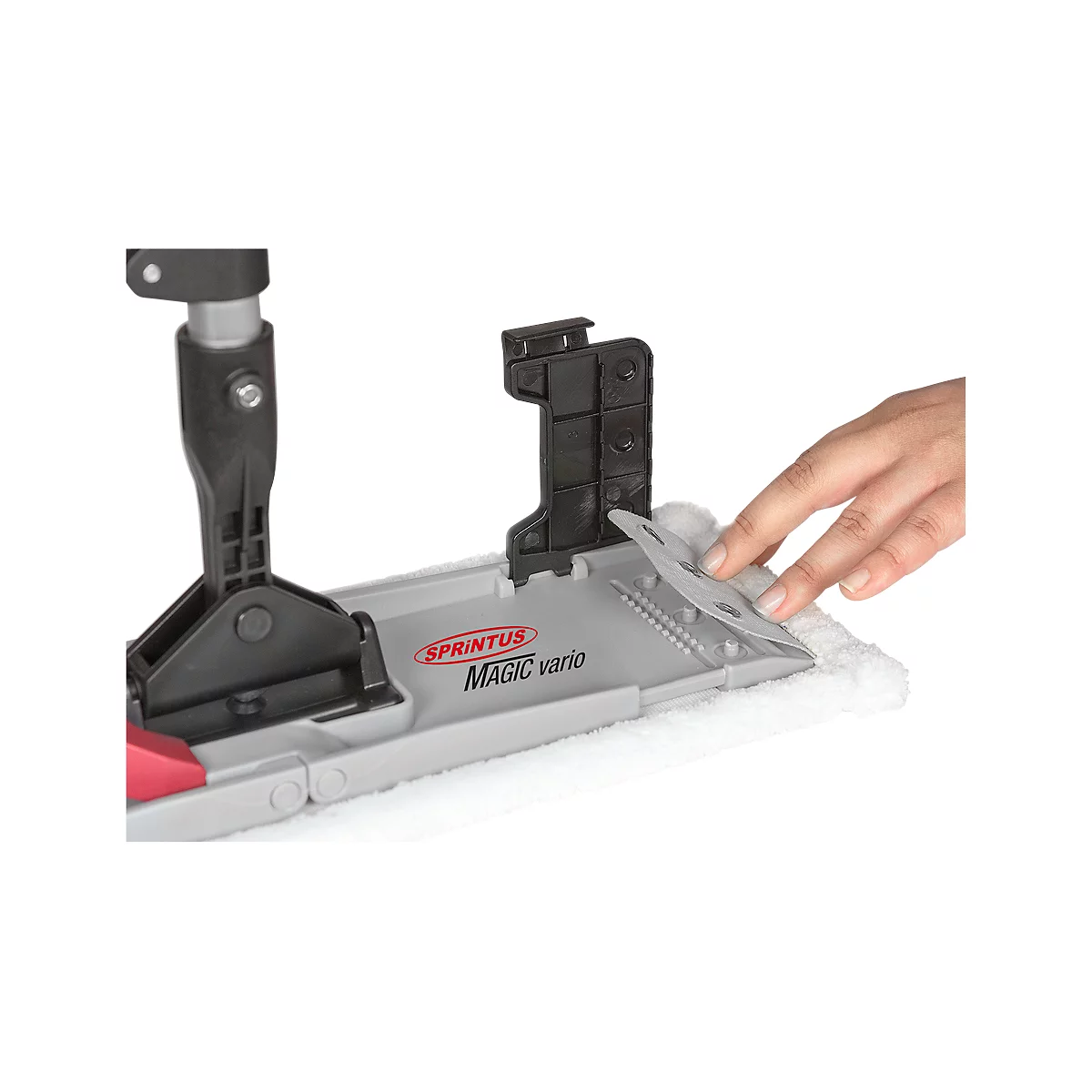 Gray mop from Sprintus Magic Vario. A hand is fixing the cleaning cloth.