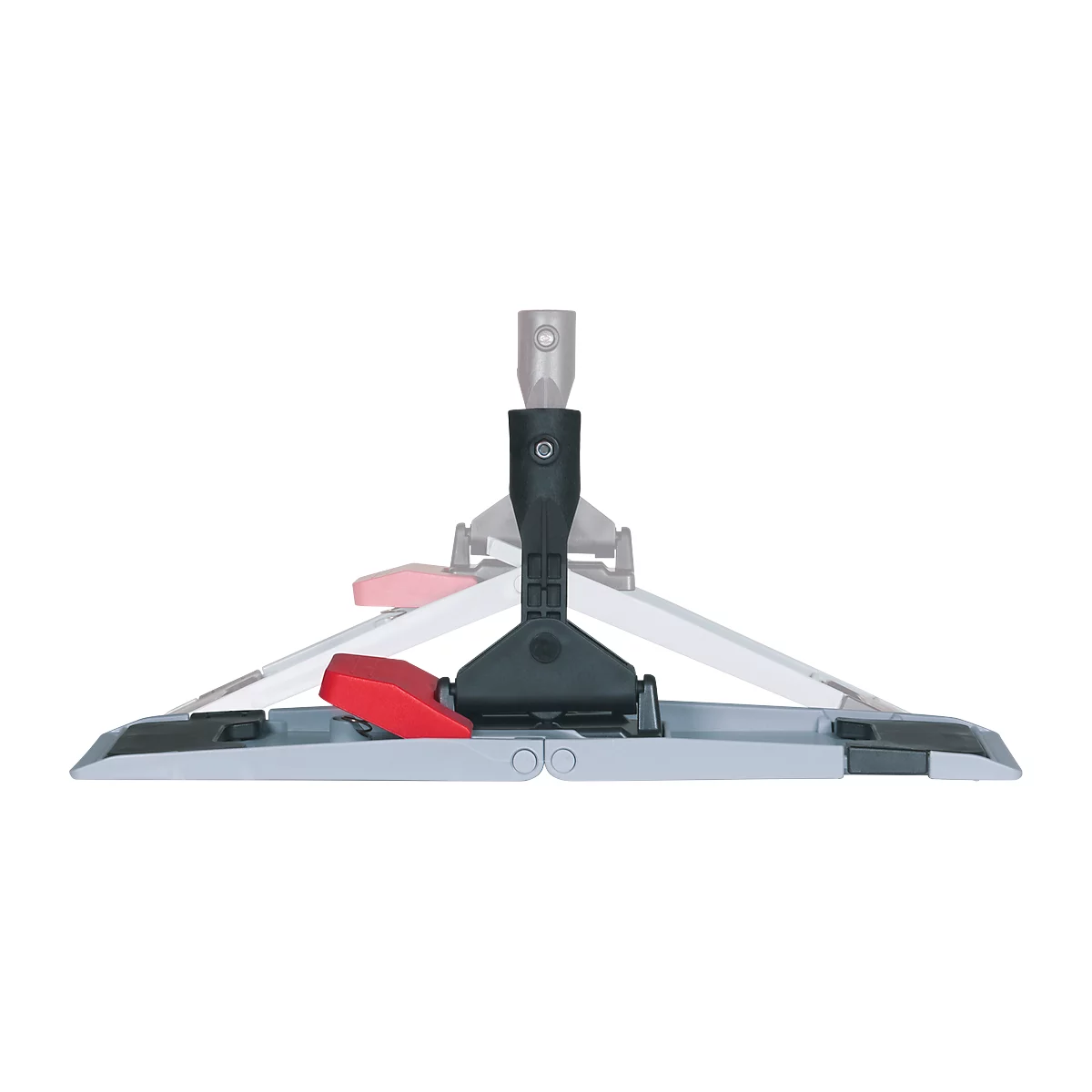 A gray mop head with a red release, dark gray center piece, and white support structure.