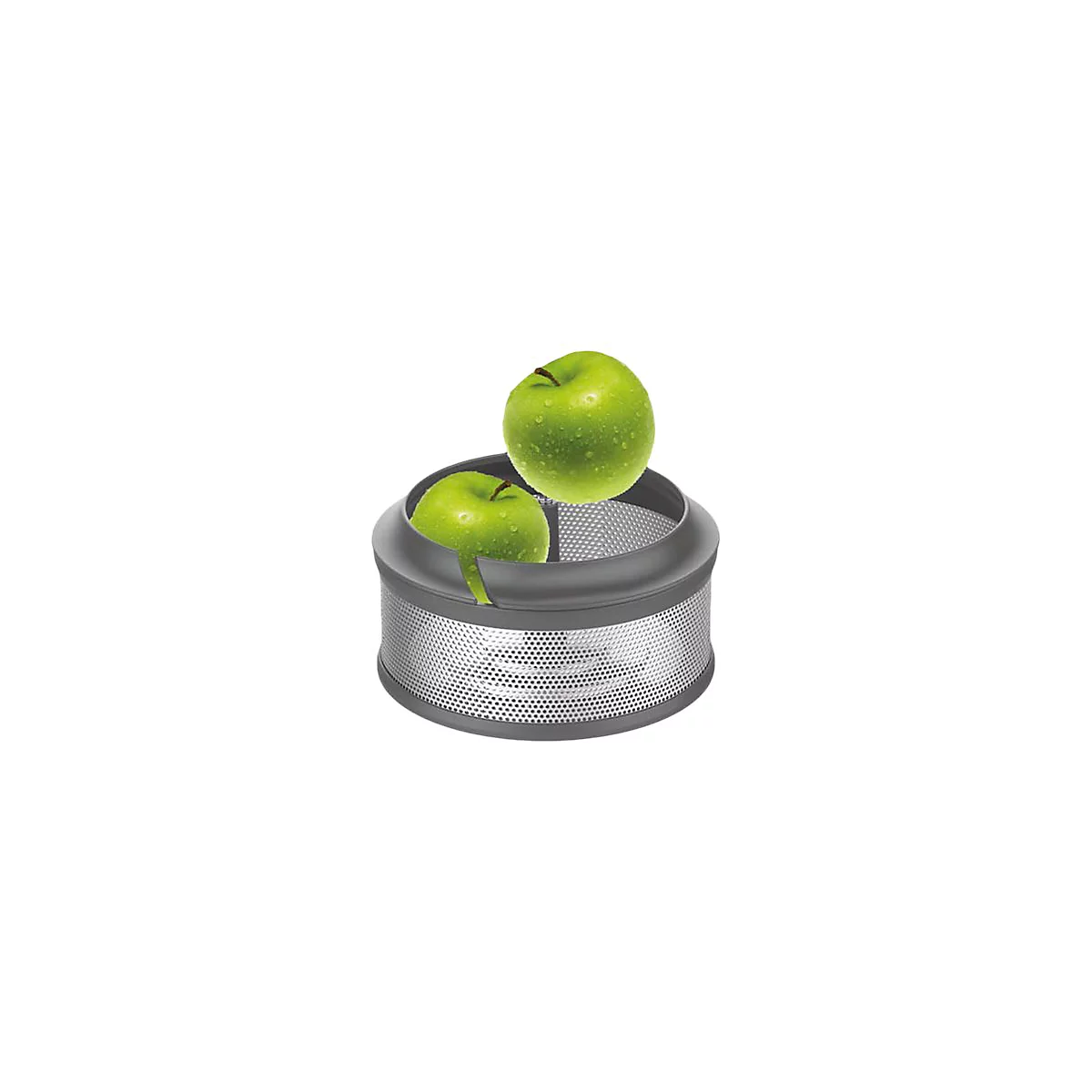 Zwei grüne Äpfel in einer zylindrischen Vorrichtung mit feiner Metallgitter-Struktur vor weißem Hintergrund.