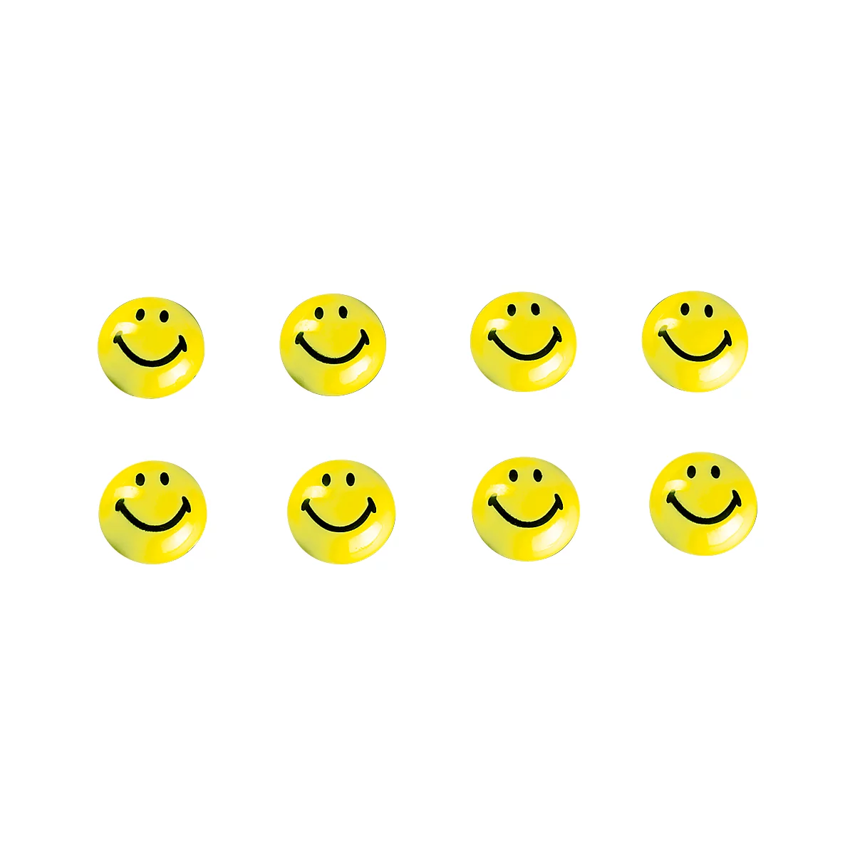 Acht gele smiley gezichten gerangschikt in twee rijen, allemaal vrolijk glimlachend.