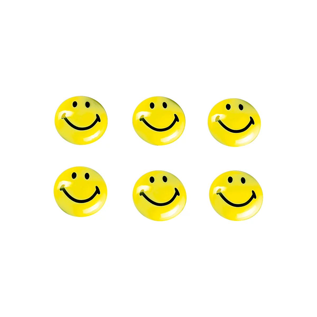 Zes gele smiley gezichten op een witte achtergrond, gerangschikt in twee rijen. De gezichten hebben zwarte ogen en glimlachen.