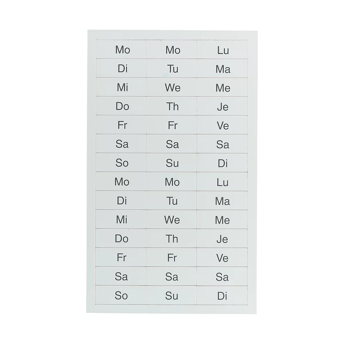 Magneetplaatjes, ma.-zo., telkens 2-voudig in Duits, Frans, Engels