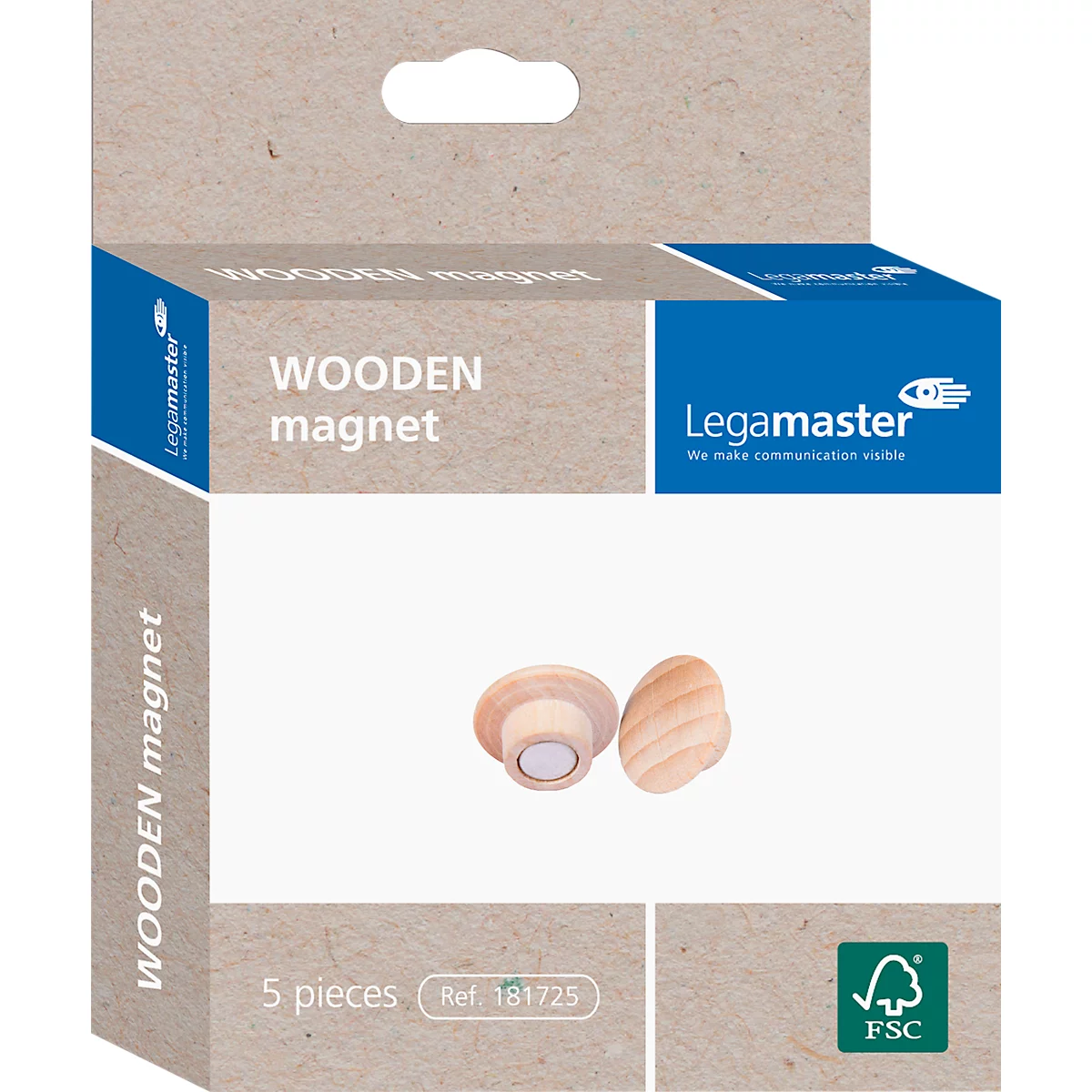 Magnet Legamaster WOODEN, 5 Stück, für Legamaster White und -Glasboards, ⌀ 25 x H 15,5 mm, Buchenholz, lackiert