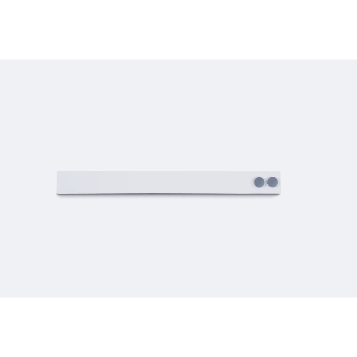 A white, elongated rectangle with two small gray circles at the end, against a white background.