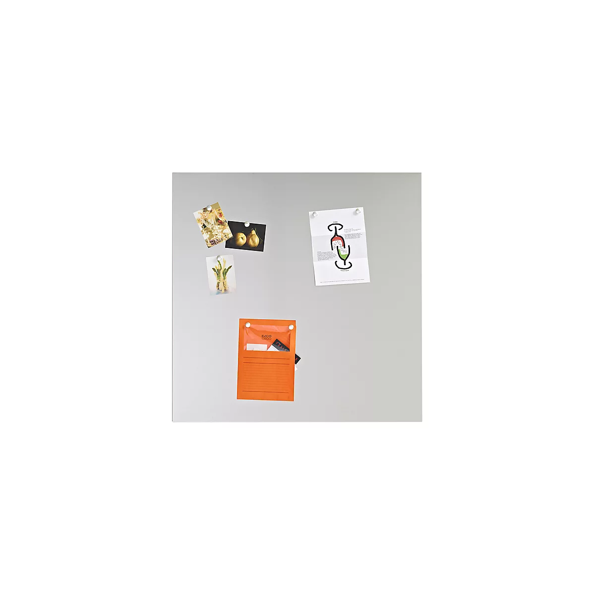 Gray wall with pictures, cards and an orange bag. Cards show fruits, flowers, a drawing. The bag contains notes and a pen.