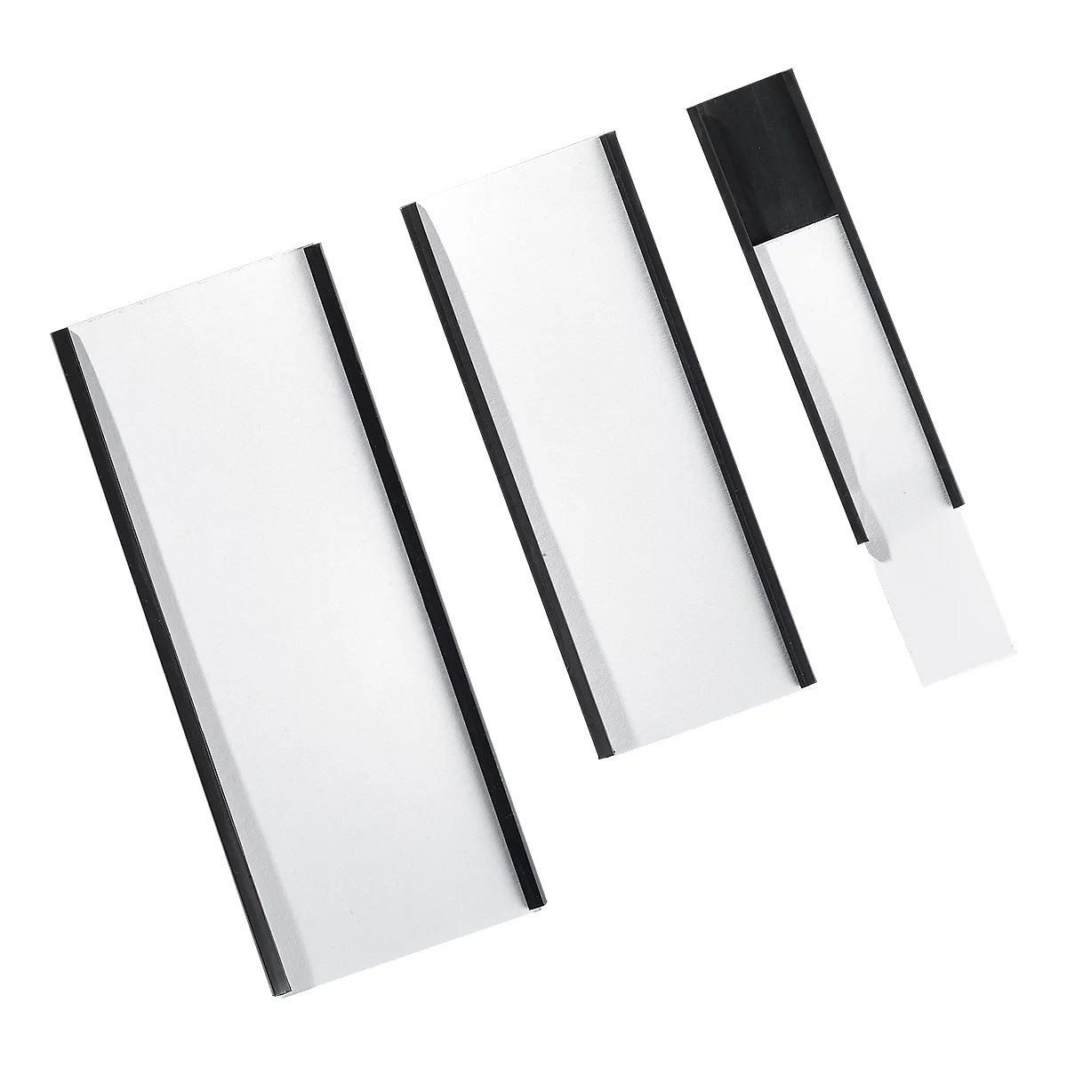 Three transparent document holders with black frame and space for paper.
