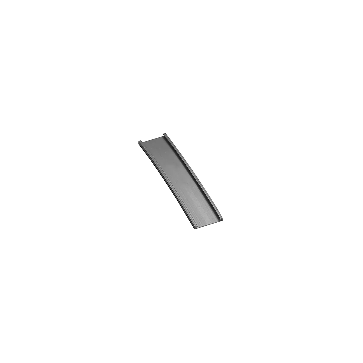 Grey, slightly curved metal part, diagonally in front of white background.