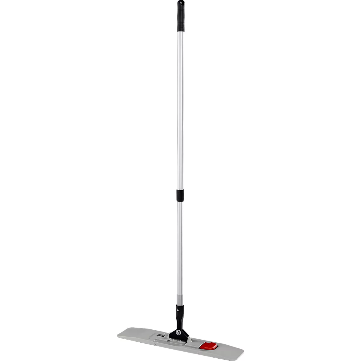 A white and gray mop with a black handle and a red detail.