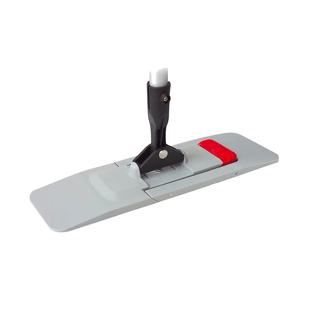 Gray mop holder with black handle and red tip. Lying on a white background.