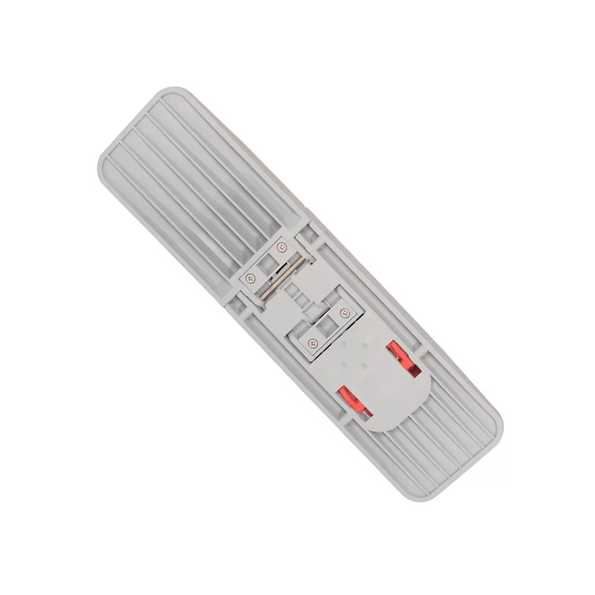 Gray mop holder with red fixture on a white background.
