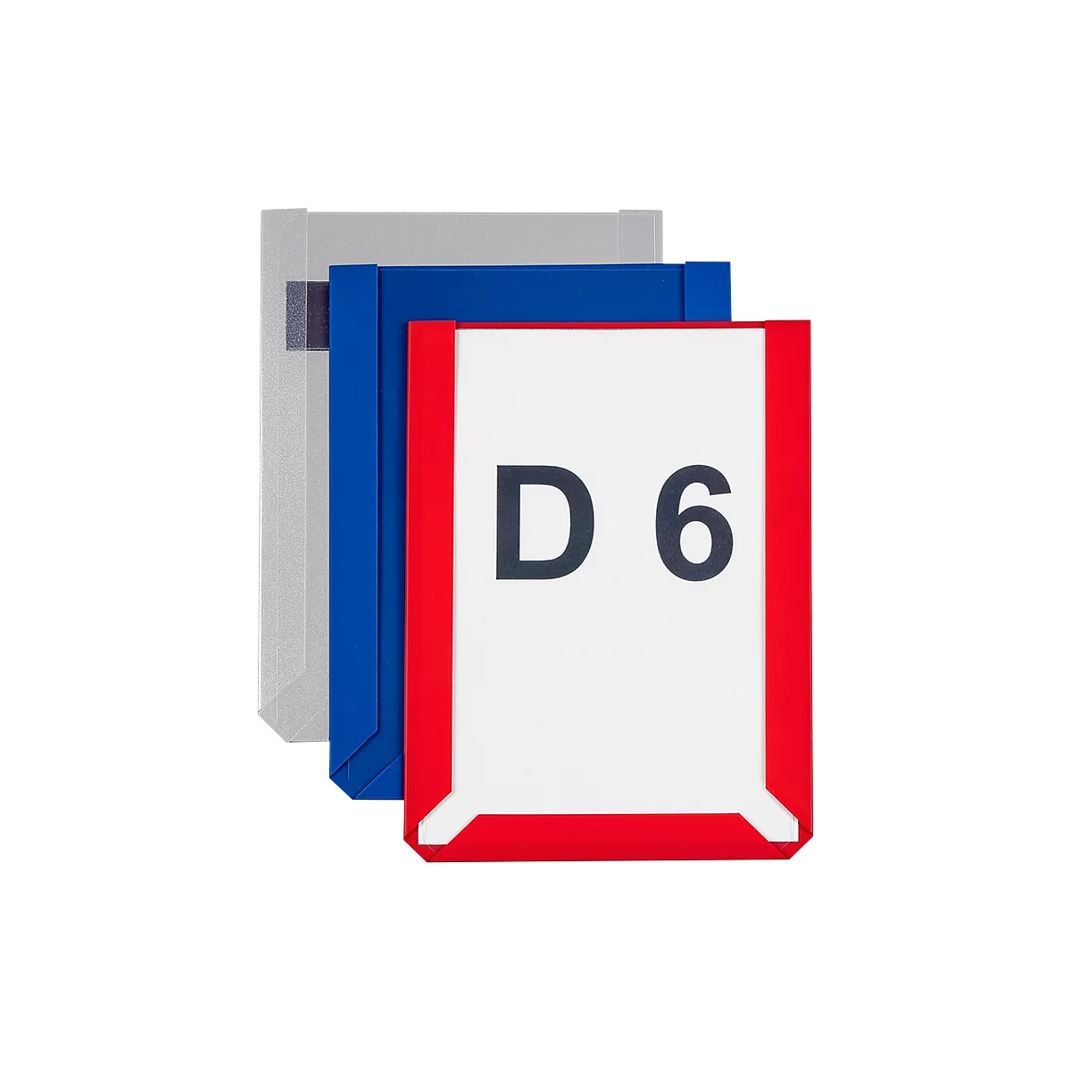 Three colored folders. Red with white sheet and black font "D 6", blue, silver.
