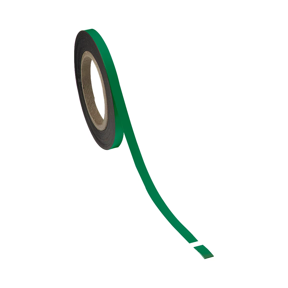 Green adhesive tape unrolling from a roll. Black edges. White background.