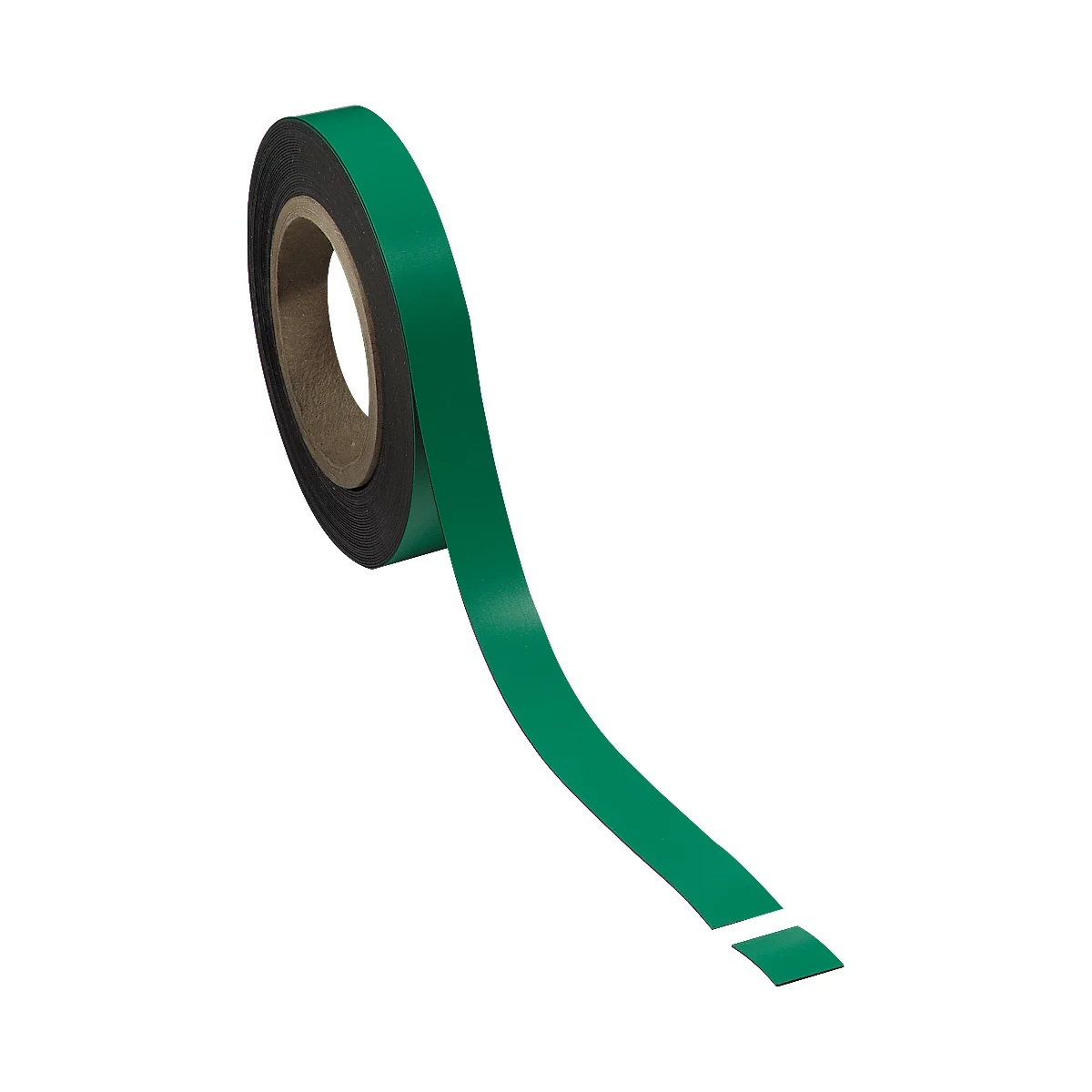 Green tape on a roll. The end of the tape is marked with white lines.