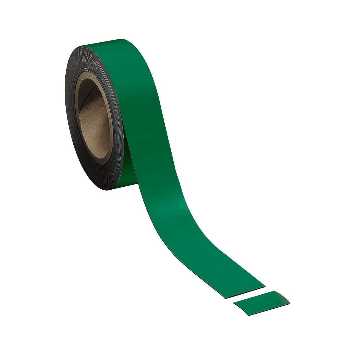 A roll of green adhesive tape, with a piece unrolled and separated.