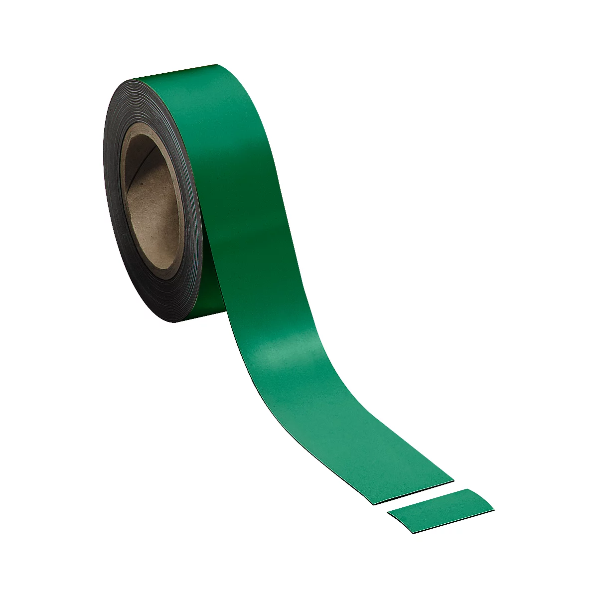 Green tape being unrolled from a roll. A piece of tape has been cut off.