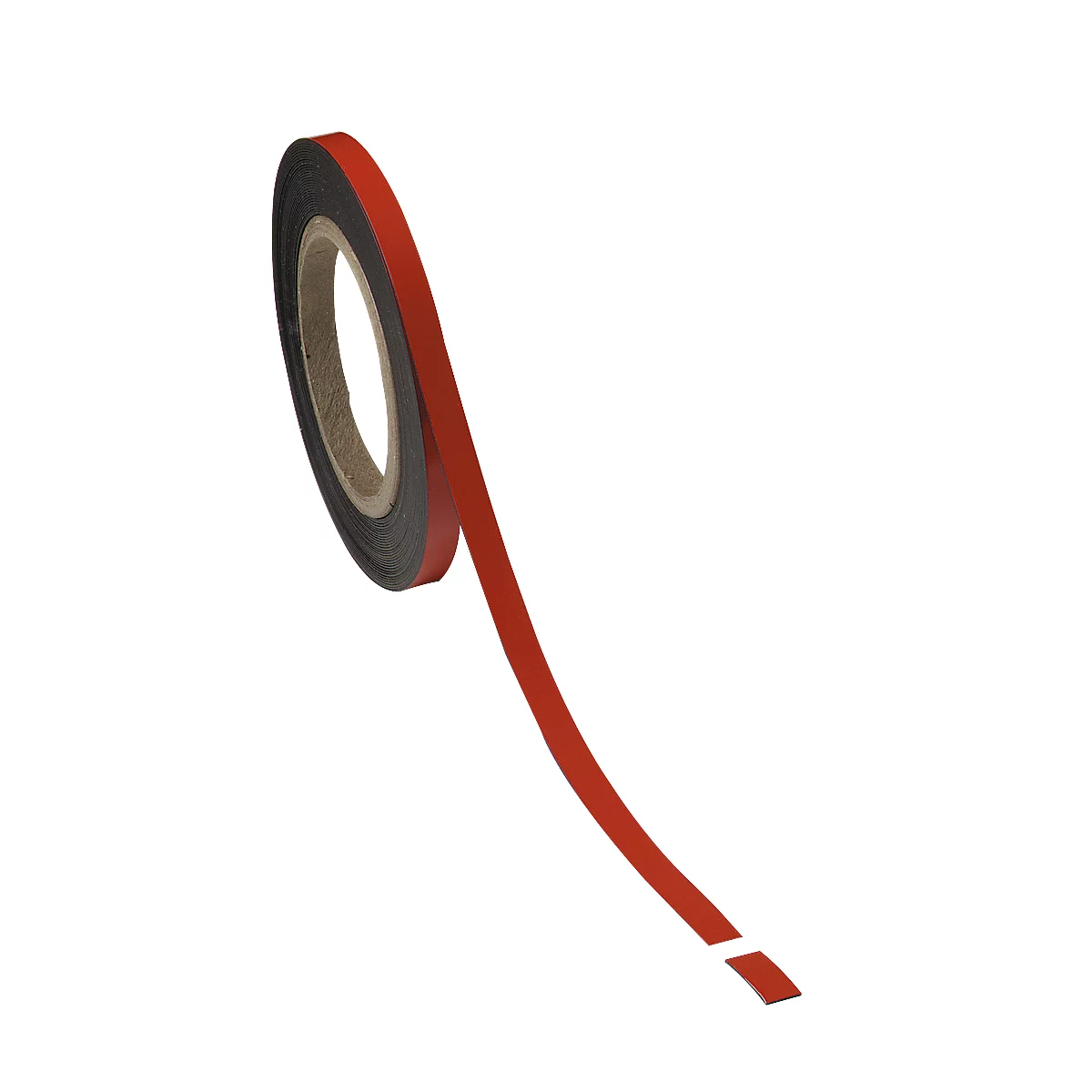 A roll of double-sided red tape unrolling. The core is gray, the adhesive surface red, on a white background.