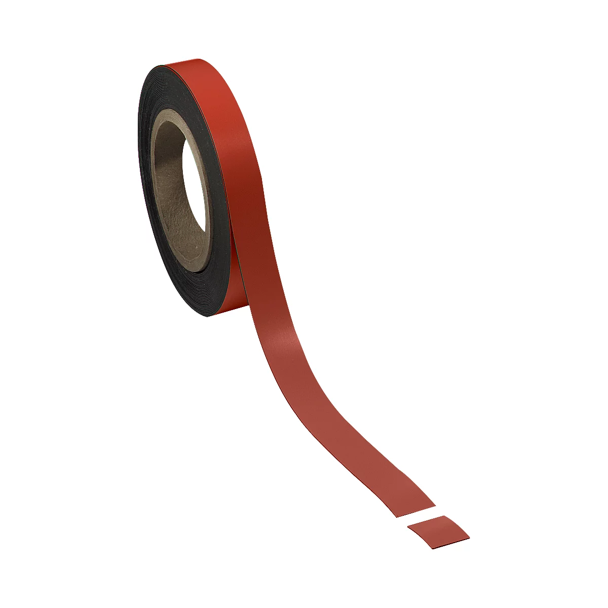 Close-up of a red tape roll, with the tape being unrolled. The tape is placed at an angle on the paper core.