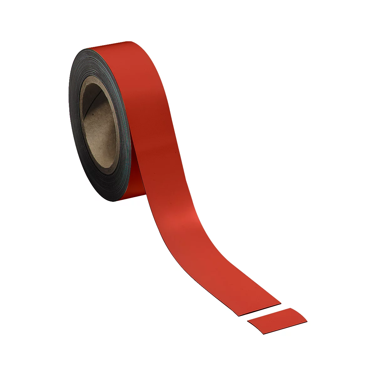 Roll of red tape with a piece detached.