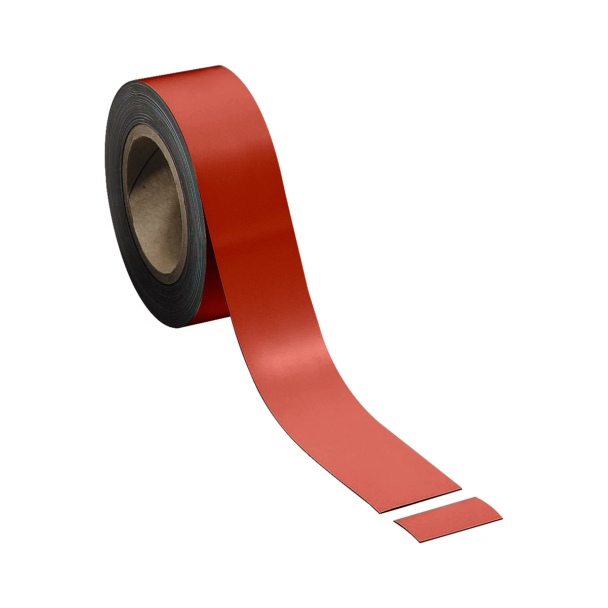 A roll of red tape, partially unwound. Two short strips are next to it.