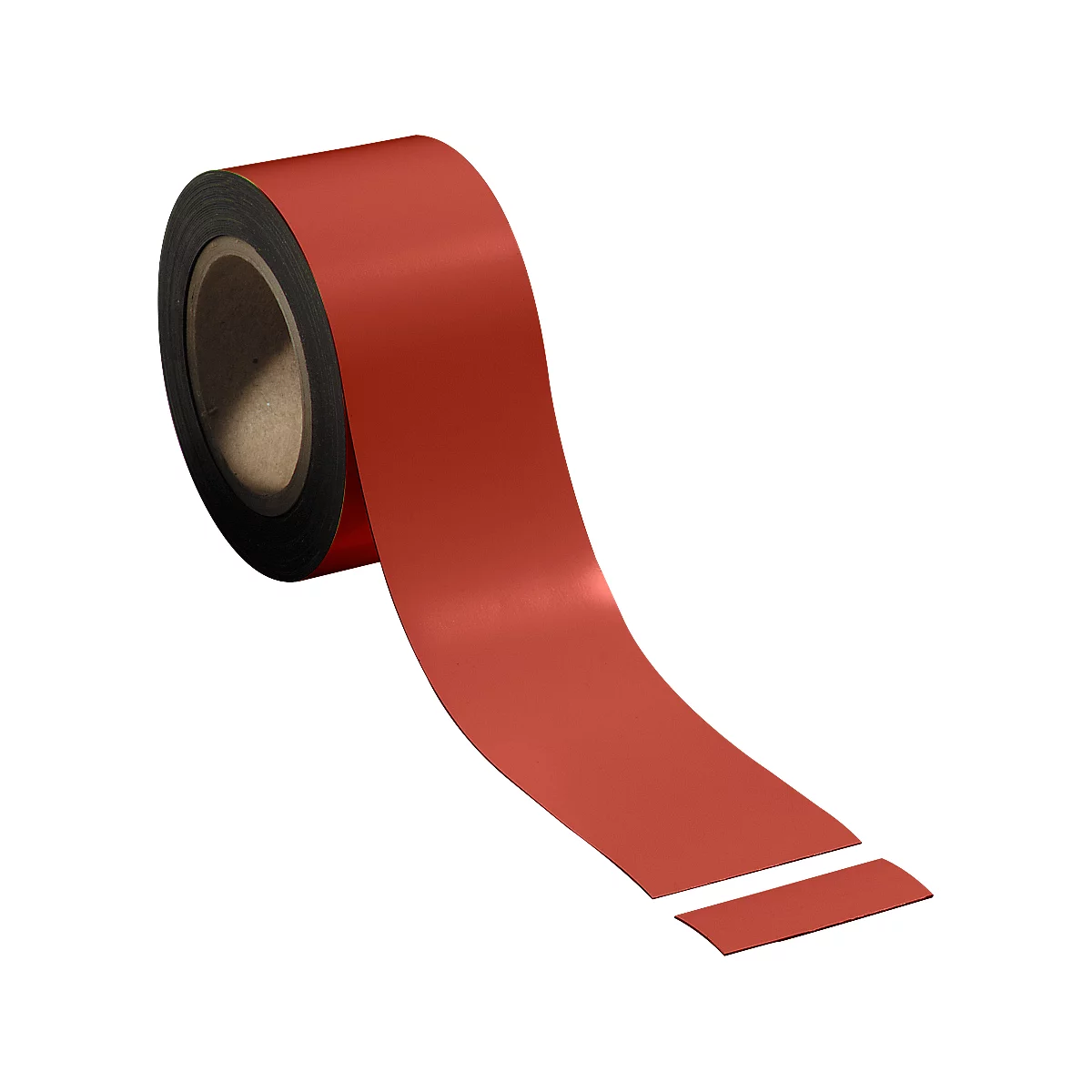 A roll of red tape, partially unrolled.