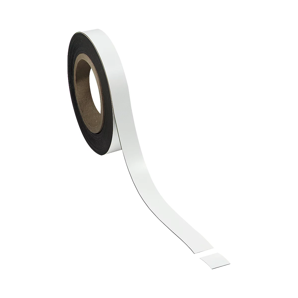 White tape, wrapped on a roll, with a black core and paper roll.