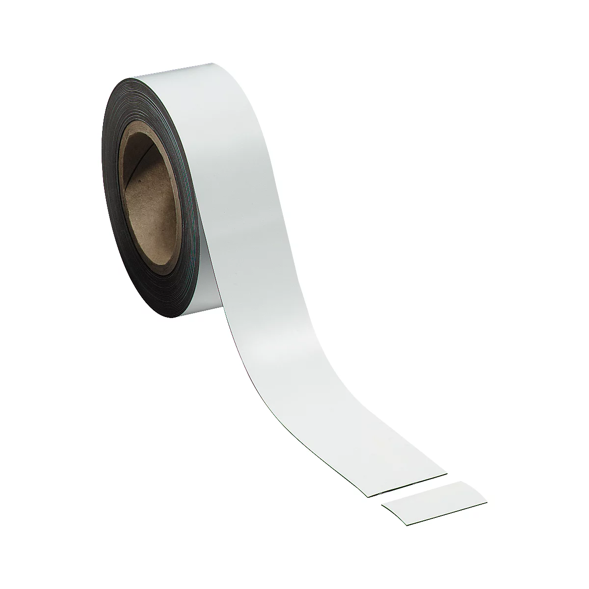 White adhesive tape being pulled from a roll. A cut piece lies beside it.