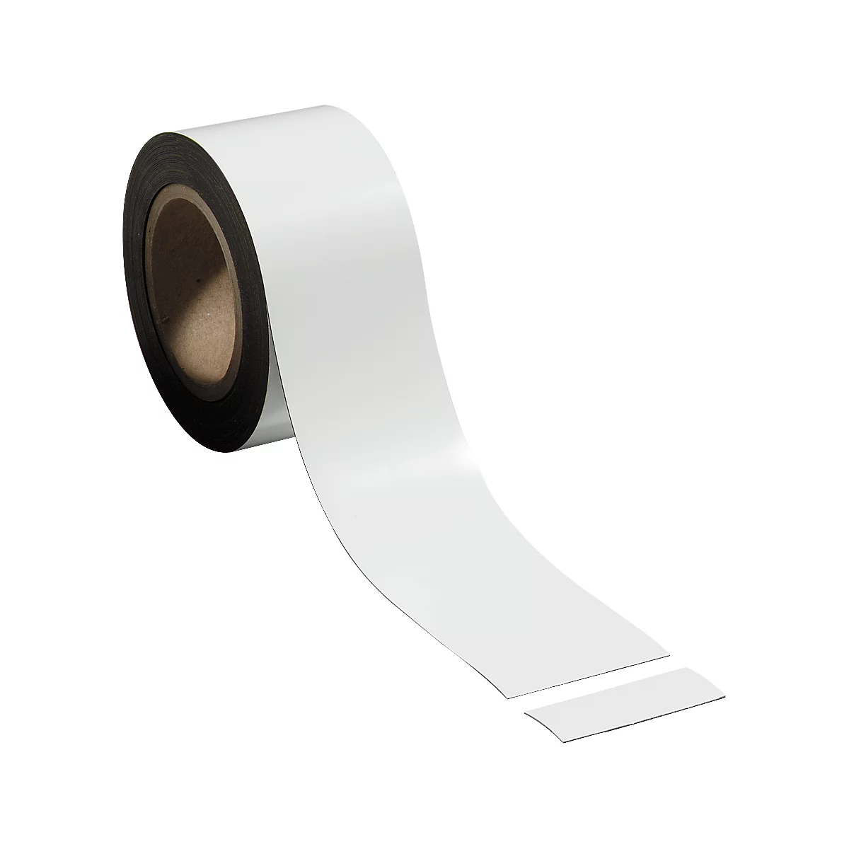 A roll of white adhesive tape. The end of the tape is unrolled from the rest of the roll and lies on a white surface.