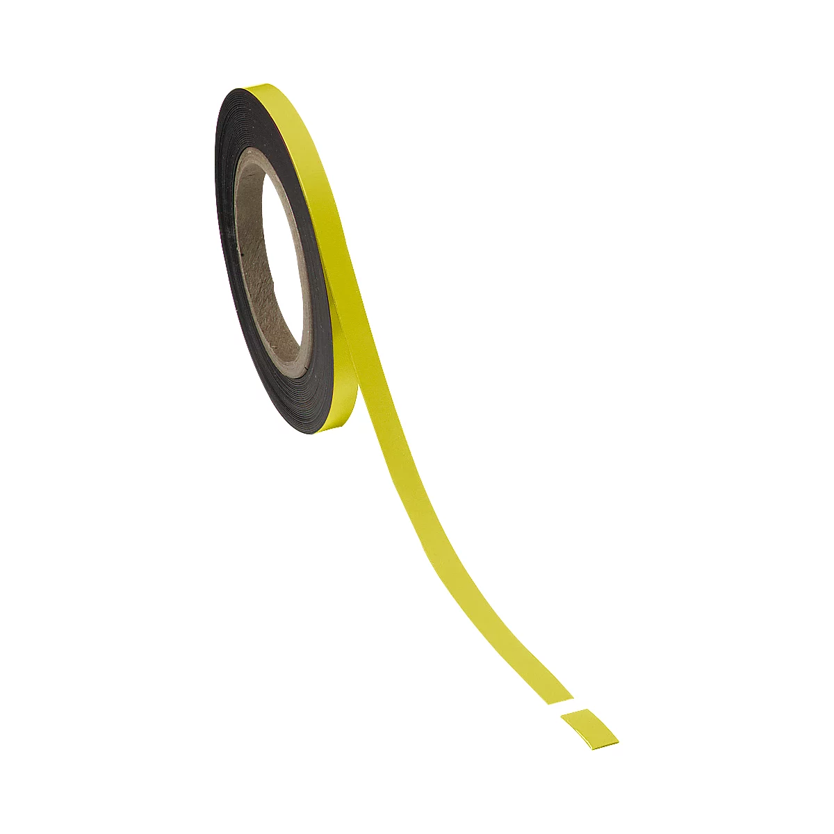 Yellow adhesive tape on a roll, partially unwound. Black sides. White background.