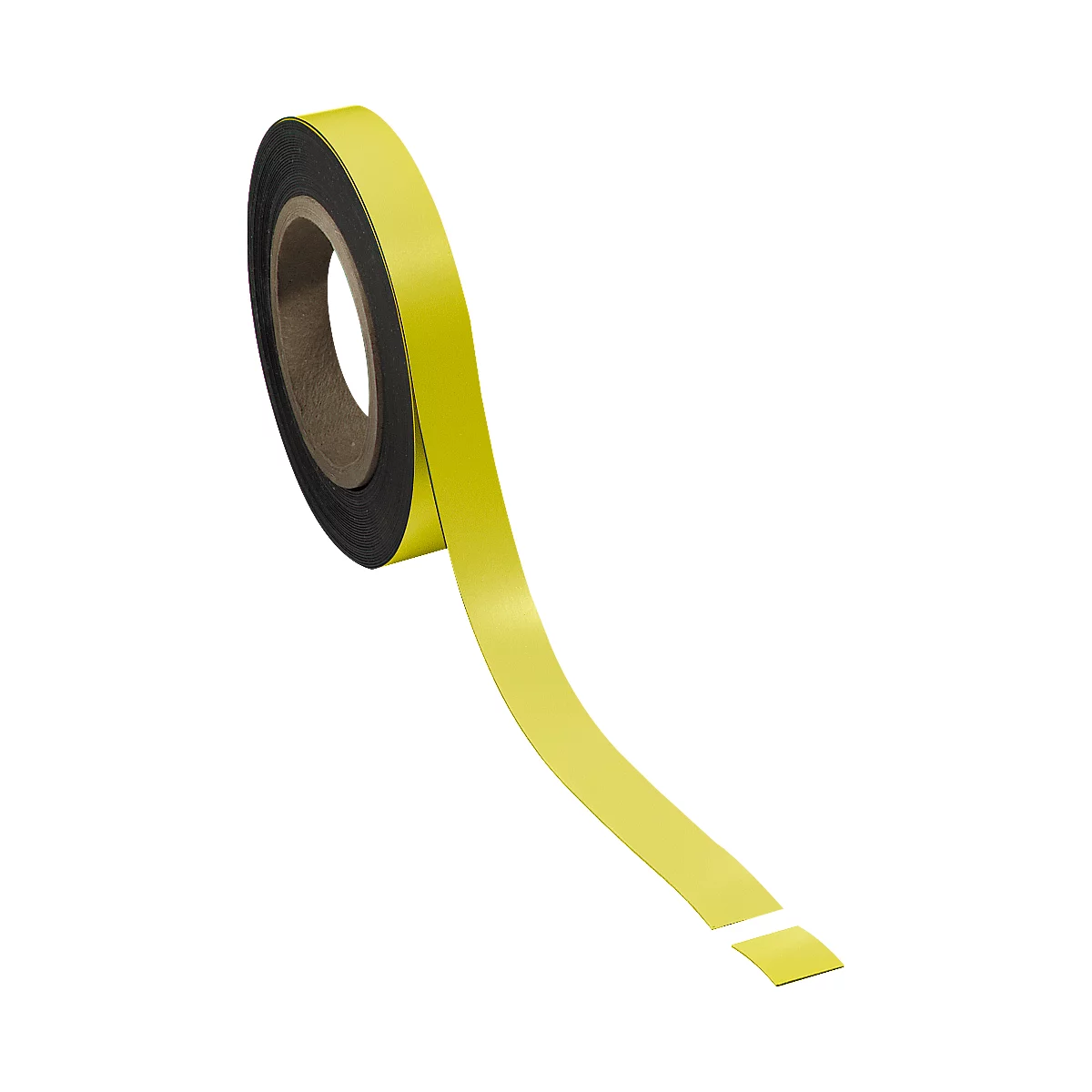 Yellow adhesive tape on a roll, unrolled. Black core, yellow outside, white area at the end.