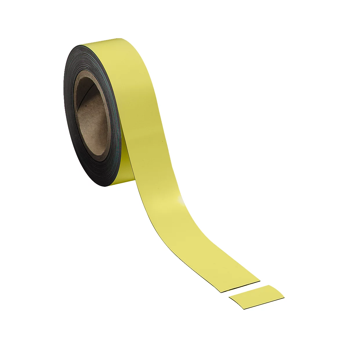 A roll of yellow adhesive tape. A piece of tape is torn off and lying next to it.