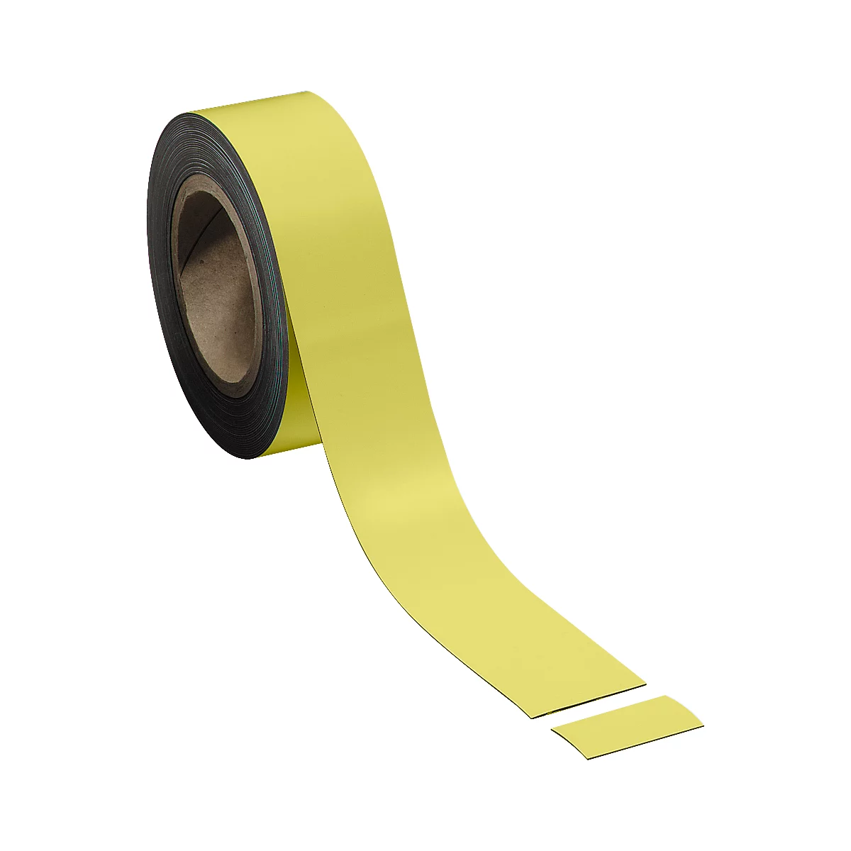 Yellow tape, unrolled from a roll. A torn piece is next to it.