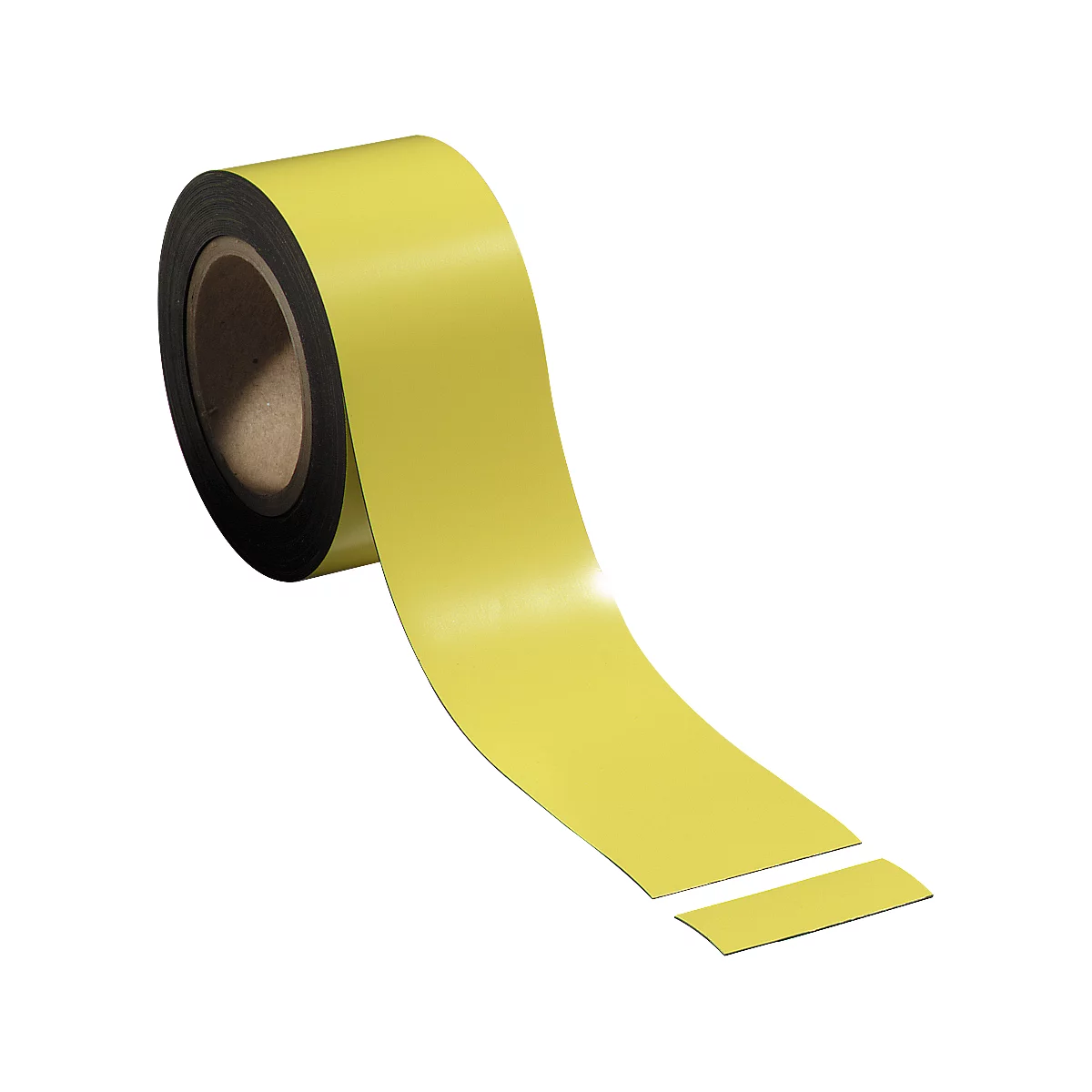 A roll of yellow tape with a black core. A piece of tape lies unrolled next to it.