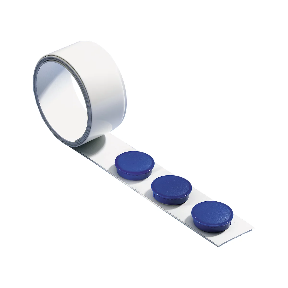 Roll of adhesive tape with blue, round magnets. On white background.