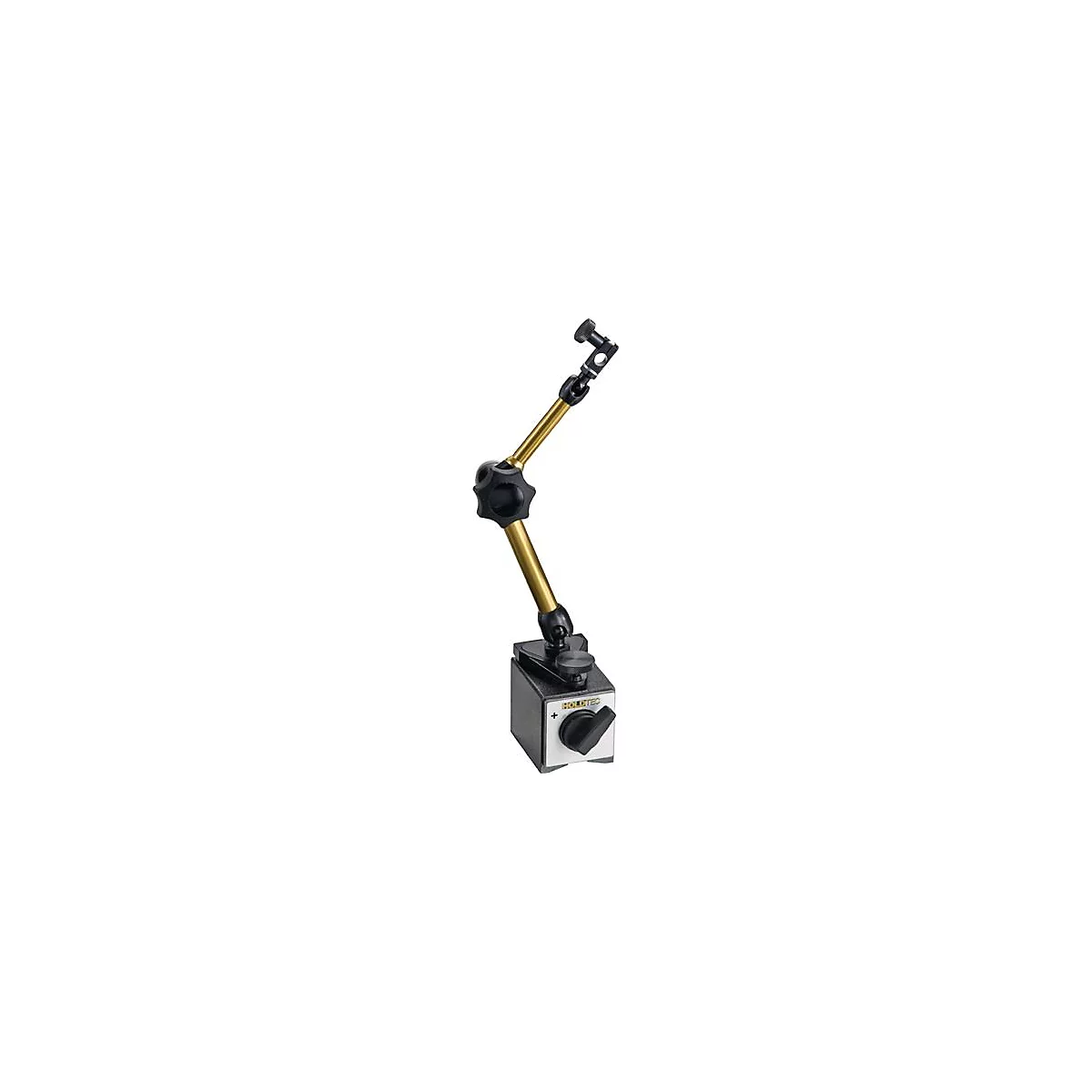 Een magnetische meetstandaard, zwart-goudkleurig met knoppen en verstelarmen.