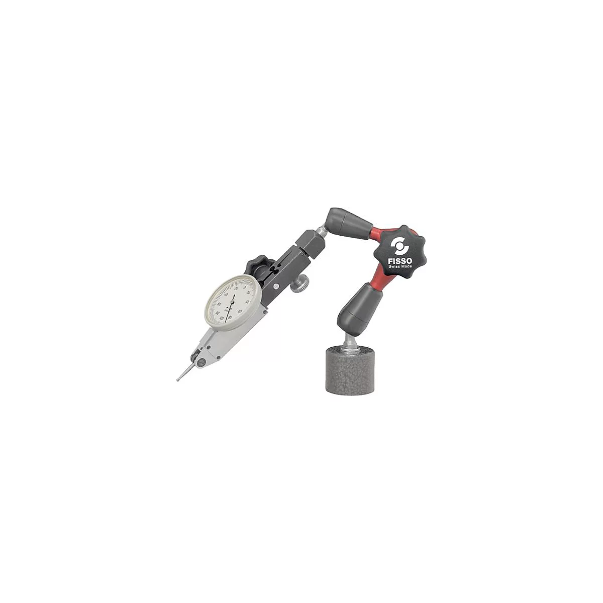 Meetklok met flexibele arm en magnetische voet. Op zwarte arm staat: FISSO Swiss Made.