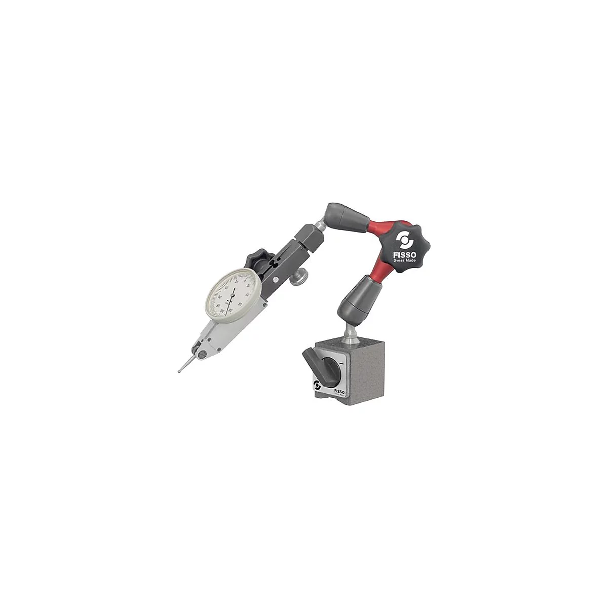 Meetklok met flexibele arm en magnetische voet, grijze en rode elementen, 'FISSO Swiss Made' logo.
