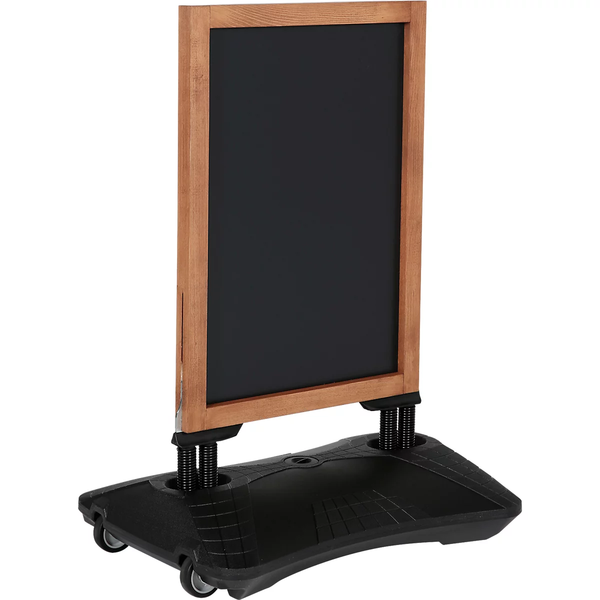 Schoolbord met houten frame op een zwarte kunststof basis met wielen. Het frame is lichtbruin.