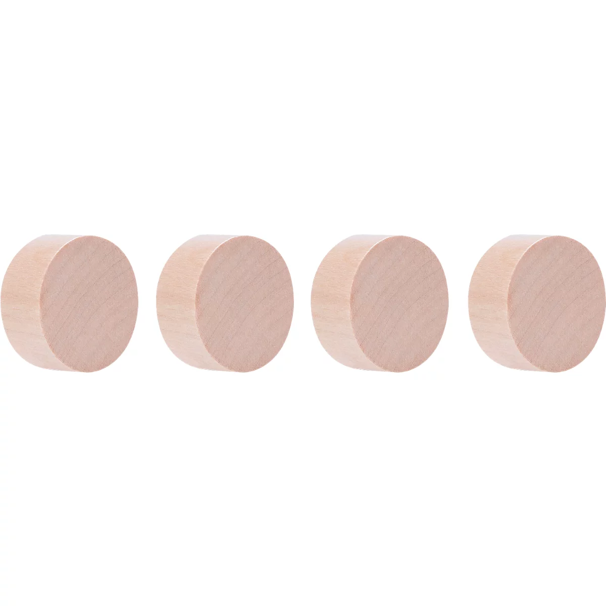 Quatre disques en bois ronds et identiques, disposés en rangée sur fond blanc.