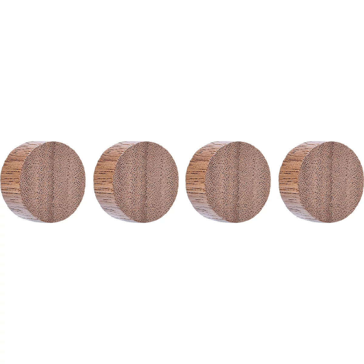 Quatre éléments en bois ronds avec un grain visible sur un fond blanc.