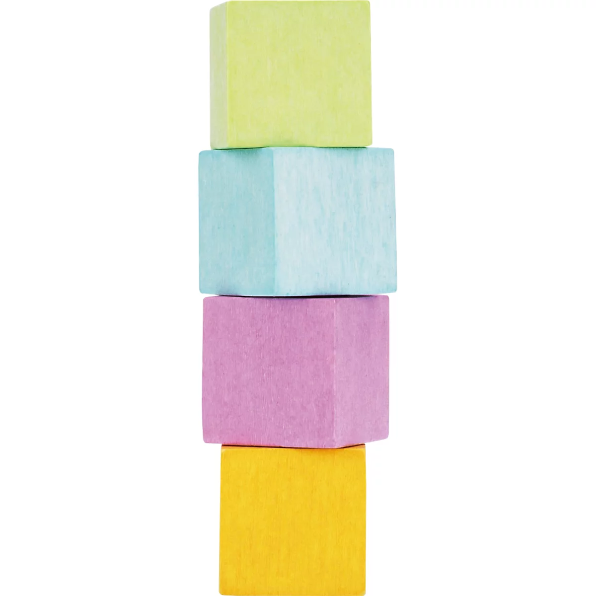 Une pile verticale de quatre blocs en bois colorés en forme de cube, de couleur vert clair, bleu clair, rose et jaune.